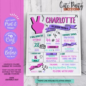 May include: A pink and purple printable birthday sign for a child turning two years old. The sign features the name Charlotte, her age, weight, height, favourite shows, foods, and activities. The sign is decorated with musical notes and a peace sign.