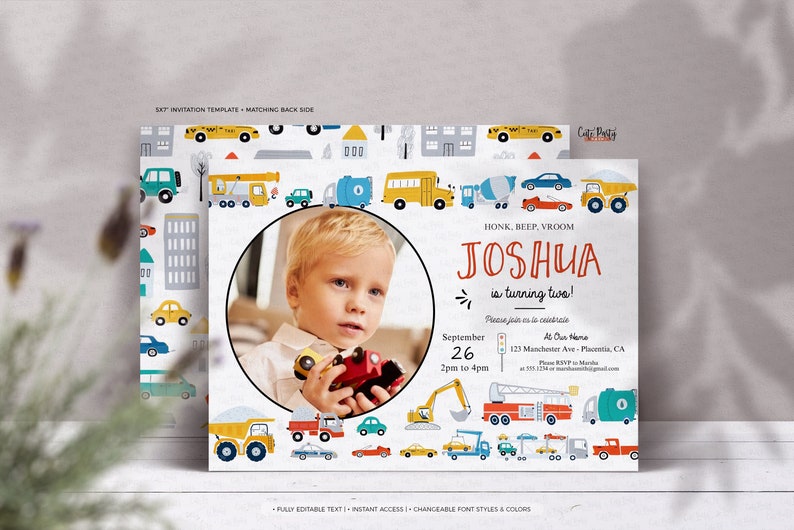 May include: A printable birthday invitation featuring a photo of a young boy holding a toy truck. The invitation has a colorful design with a variety of vehicles, including cars, trucks, and construction equipment. The text on the invitation reads "HONK, BEEP, VROOM JOSHUA is turning two!" and includes details about the party, such as the date, time, and location.