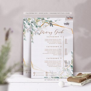 May include: A pricing guide template with a geometric gold frame and watercolor greenery. The text reads "Pricing Guide" and lists categories with prices for each.