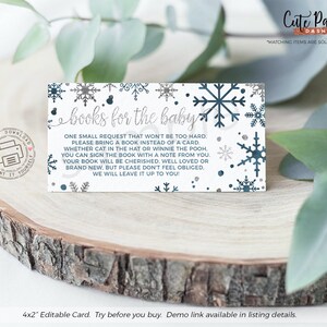 Puede incluir: Una tarjeta imprimible de 10,16 x 5,08 cm con un dise&ntilde;o de copo de nieve. La tarjeta dice "libros para el beb&eacute;" e incluye una solicitud para que los invitados traigan un libro en lugar de una tarjeta para el baby shower.