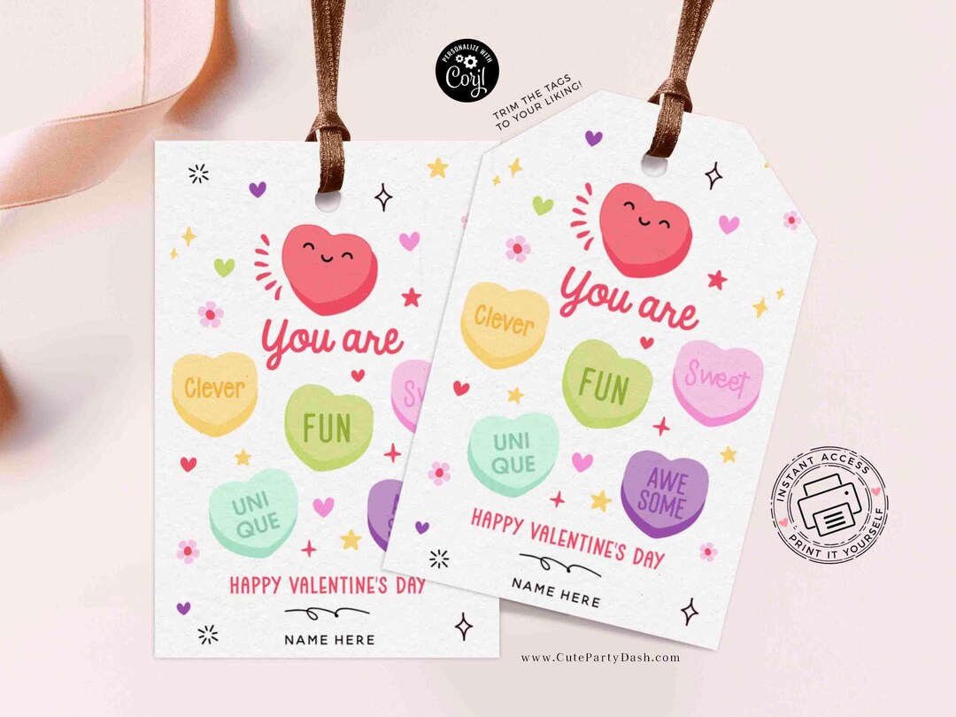 Candy Hearts Valentine's Day Tag Printable, Kids Classroom Exchange ...