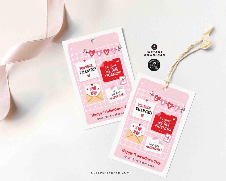 Happy Valentine's Day Classroom Valentine Kids Tag Printable INSTANT DOWNLOAD Teacher Valentines Notes Gift Coworker Team  EDITABLE gift tag