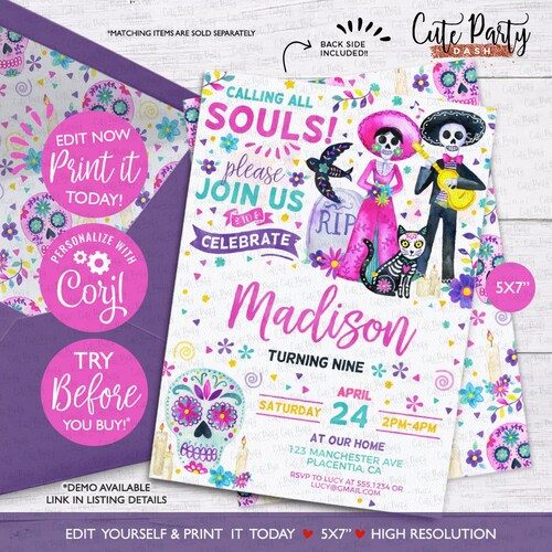 Sugar Skull Birthday Invitation Day of the Dead Birthday - Etsy