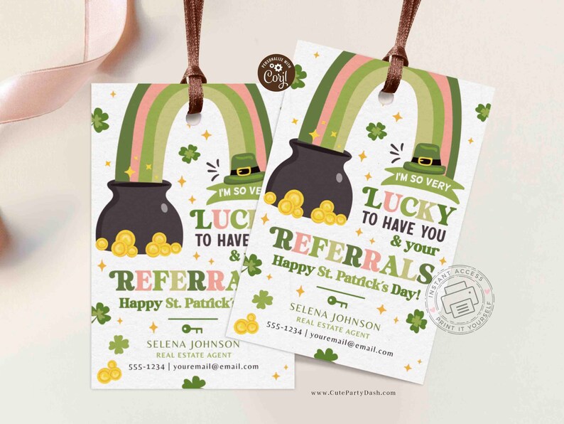 EDITABLE Lucky to Have your Referrals Realtor Pop by St. Patrick’s Day Gift Tag for clients, real estate Business marketing INSTANT DOWNLOAD