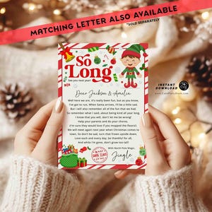 May include: A red and white striped card with a Christmas elf illustration and the text "So Long" and "See you next year!"  The card also includes a letter addressed to Jackson and Amelia, with a message from Santa Claus.