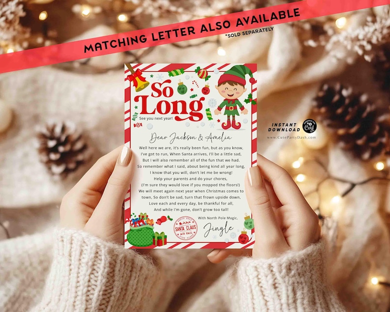 May include: A red and white striped card with a Christmas elf illustration and the text "So Long" and "See you next year!"  The card also includes a letter addressed to Jackson and Amelia, with a message from Santa Claus.