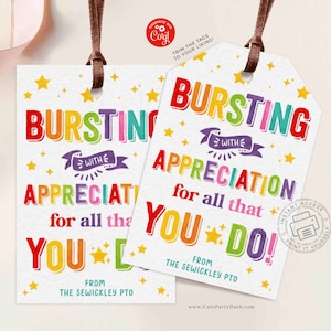 Editable Bursting Appreciation Printable Gift Tag, Star Staff Teacher Appreciation, Team Member Printable favor treat tag