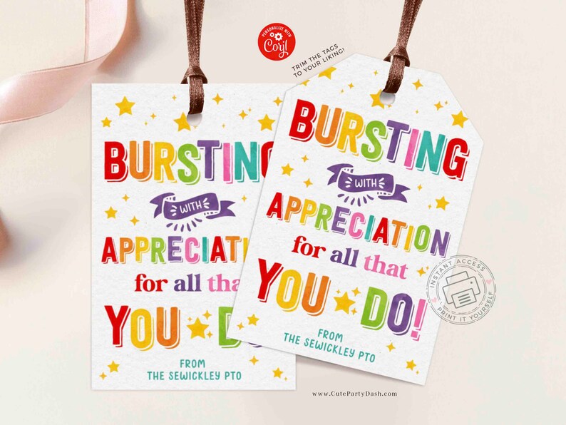 Editable Bursting Appreciation Printable Gift Tag, Star Staff Teacher Appreciation, Team Member Printable favor treat tag