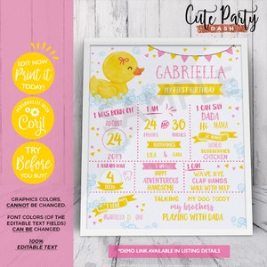 May include: A pink and yellow first birthday milestone poster featuring a cartoon rubber ducky. The poster includes the name Gabriella, her age, weight, height, and things she can do. The text "Cute Party Dash" is at the top of the poster.