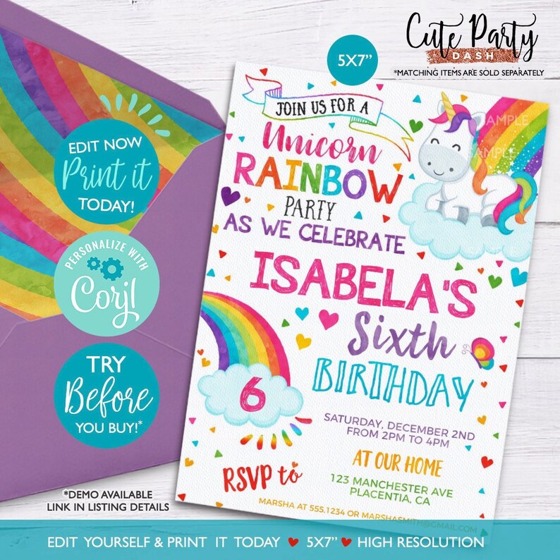 May include: A vibrant invitation for a Unicorn Rainbow Party, with a rainbow, a unicorn, and the text "Isabela's Sixth Birthday." The invitation includes party details, such as the date, time, and location. The invitation is 12.7cm x 17.8cm.