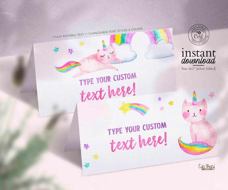 Editable Caticorn Food Card, Cat Unicorn Rainbow Party Decor, Food Tent, Place Card, Bag Topper, Label Template, INSTANT DOWNLOAD