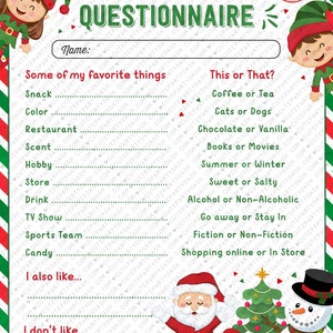 Christmas Secret Santa Questionnaire Printable Secret Santa Form for ...