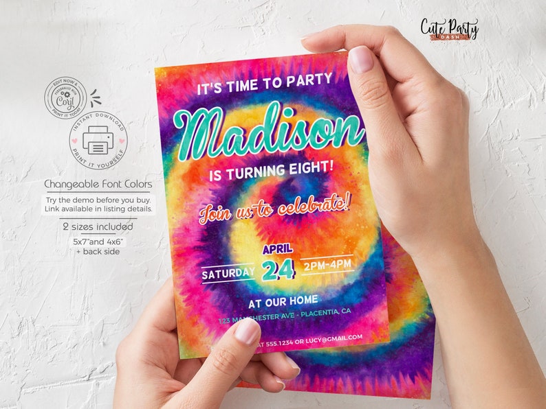 instant download editable tie dye birthday invitation girl etsy