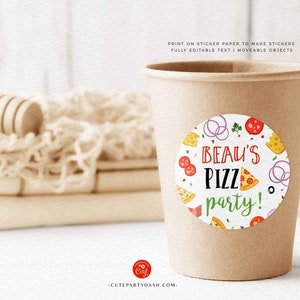 May include: A brown paper cup with a white sticker that says "Beau's Pizz party!" with a pizza and other pizza toppings around the text.