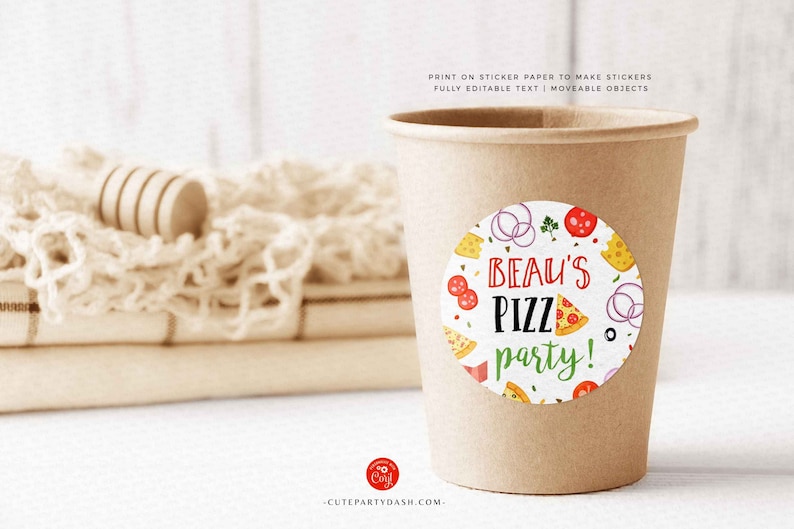 May include: A brown paper cup with a white sticker that says "Beau's Pizz party!" with a pizza and other pizza toppings around the text.