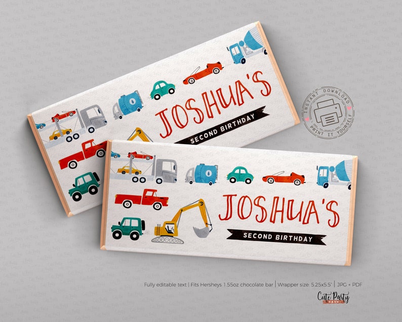 May include: Printable chocolate bar wrapper with a construction theme. The wrapper is white with red, blue, yellow, and green illustrations of trucks, diggers, and a cement mixer. The text "Joshua's Second Birthday" is printed in red on a black banner.