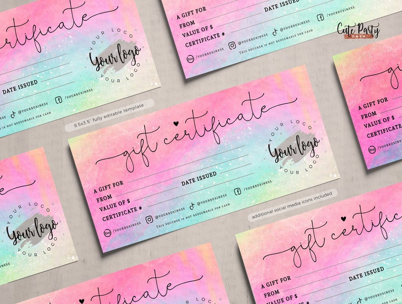 Op de afbeelding: Een roze en blauwe aquarel-cadeaubon-sjabloon met een aanpasbare logo-ruimte. De tekst "cadeaubon" is geschreven in een cursief schrift. Het sjabloon bevat ruimte voor de naam van de ontvanger, de waarde van de cadeaubon en de uitgiftedatum.