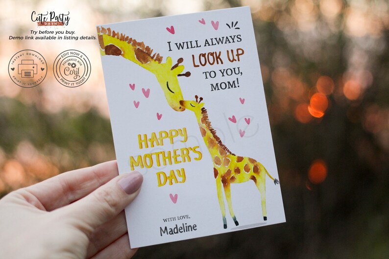 INSTANT DOWNLOAD Editable Giraffe Mother's Day Card - Etsy