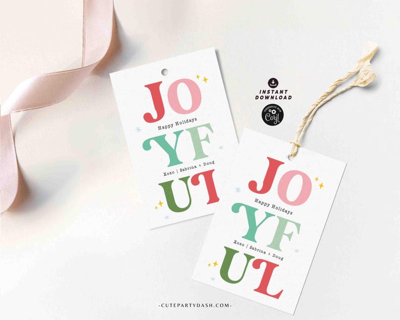 Joyful Christmas Gift Tag Printable INSTANT DOWNLOAD Happy Holidays Colorful Wine Bottle Label Sticker Modern Christmas Festive Favor Tag