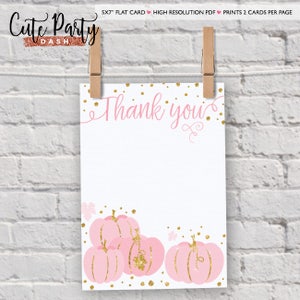 May include: Pink and gold thank you card with a pumpkin design. The card is 12.7x17.8 cm and prints two cards per page.