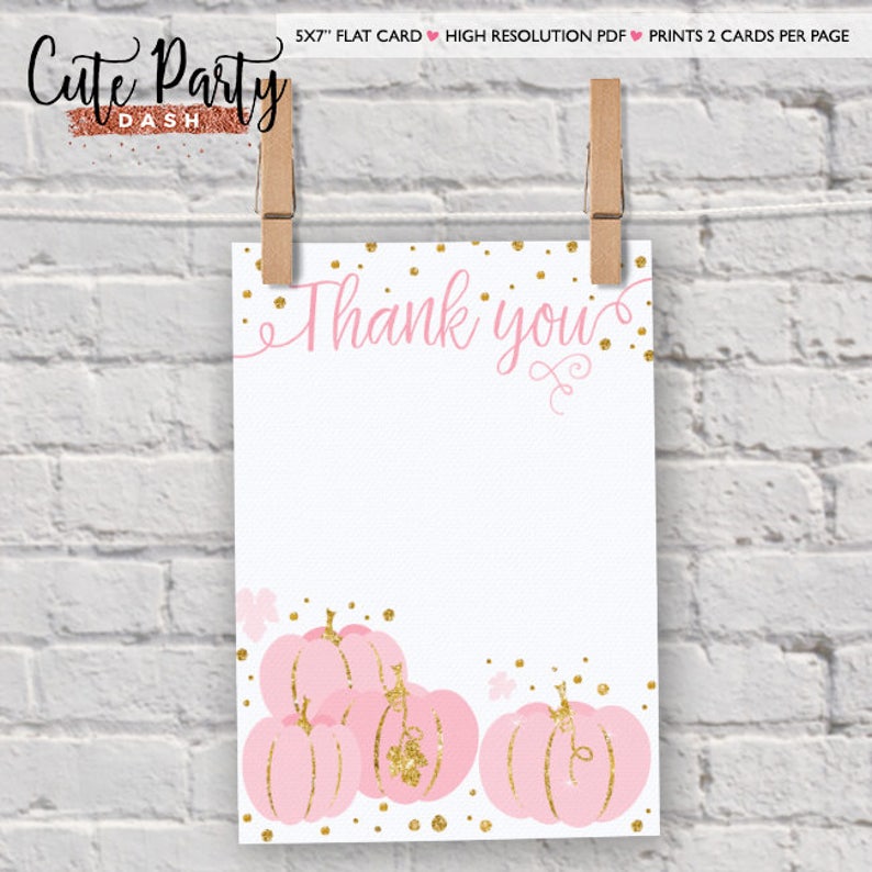 May include: Pink and gold thank you card with a pumpkin design. The card is 12.7x17.8 cm and prints two cards per page.