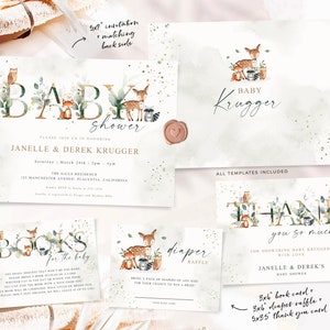 May include: A set of printable baby shower invitations with a woodland theme. The invitations feature a deer, owl, fox, and raccoon with greenery and gold accents. The text on the invitations reads "Baby Shower" and "Janelle & Derek Kruger".