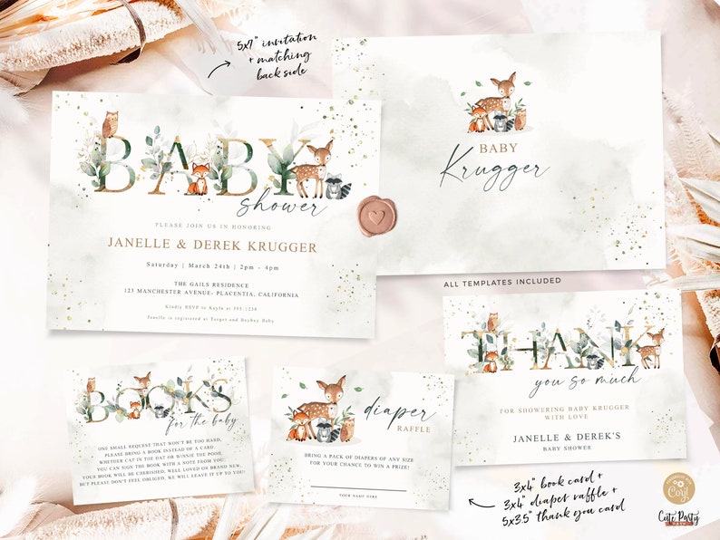 May include: A set of printable baby shower invitations with a woodland theme. The invitations feature a deer, owl, fox, and raccoon with greenery and gold accents. The text on the invitations reads "Baby Shower" and "Janelle & Derek Kruger".