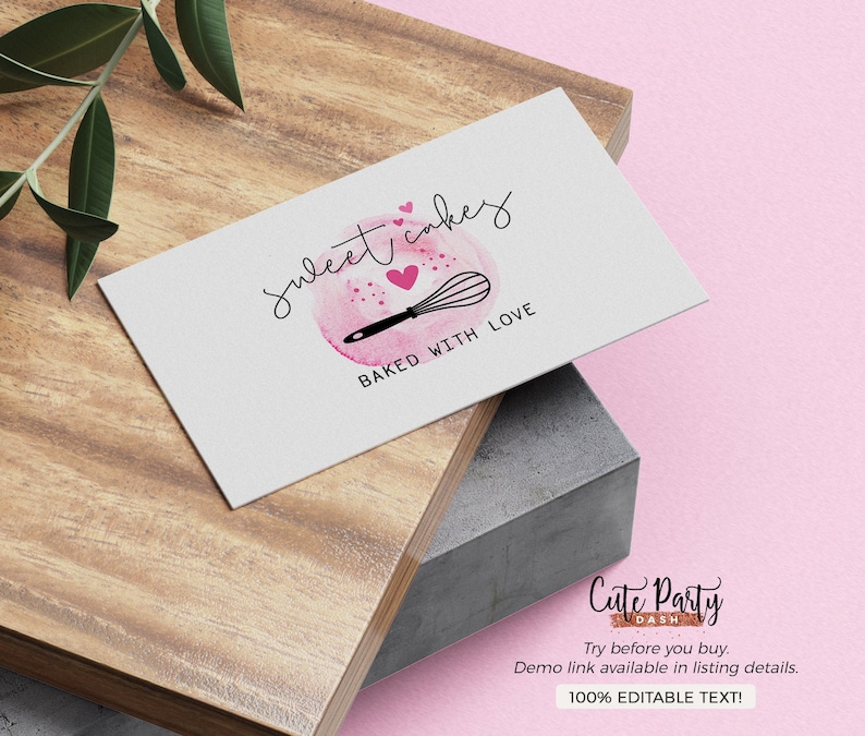 May include: A pink and white watercolor logo with the text "Sweet Cakes" and "Baked with Love". The logo features a pink heart and a whisk.