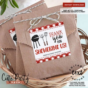 May include: Red and white checkered thank you favor tags with a black and white illustration of a grill, spatula, and tongs. The text on the tag reads "Thank you for showering us! Jessica's Baby Shower".