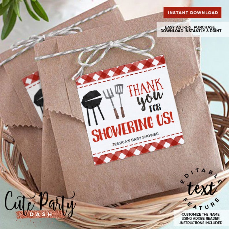 May include: Red and white checkered thank you favor tags with a black and white illustration of a grill, spatula, and tongs. The text on the tag reads "Thank you for showering us! Jessica's Baby Shower".