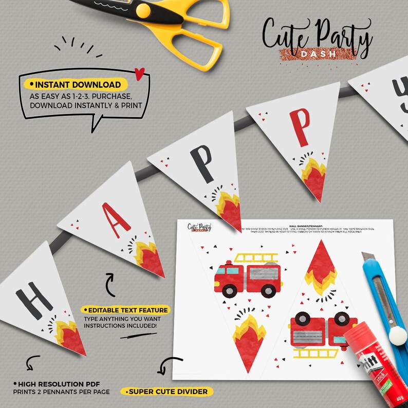 May include: A printable banner with red, yellow, and black fire truck and flame designs. The banner says "Happy" in white letters on a white triangle background. The banner is designed for a fire truck themed party.