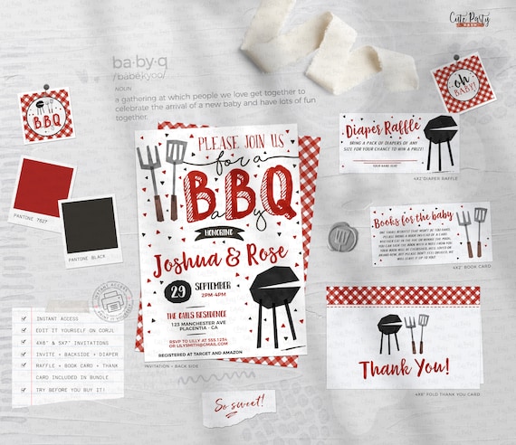 BBQ Baby Shower Invitation Set: Editable Baby-Q Invites (Instant Download)