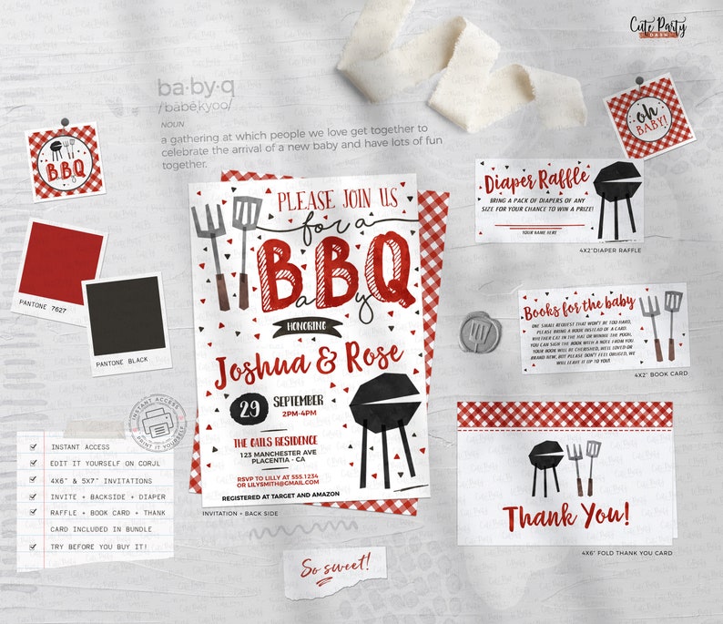 May include: Printable baby shower invitation set with a red and white gingham pattern. The invitation features a grill and the text "Please join us for a BBQ baby". The set also includes a diaper raffle card, a book request card, and a thank you card.