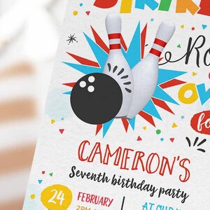 May include: A colorful birthday party invitation with a bowling theme. The invitation features two white bowling pins, a black bowling ball, and the text "Strike & Roll Over for Cameron's Seventh Birthday Party".
