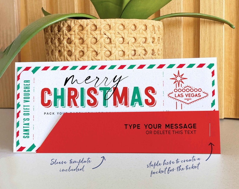 May include: A white gift voucher with a red and green striped border. The voucher says "SANTA'S GIFT VOUCHER" on the left side and "merry CHRISTMAS" in red and green letters on the top. The voucher has a red flap on the bottom with the text "TYPE YOUR MESSAGE OR DELETE THIS TEXT" and a small arrow pointing to the right. The voucher also has a small image of a star and the text "0000000. LAS VEGAS" on the right side.