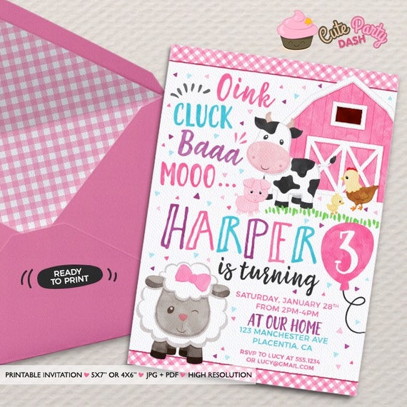 girls barnyard birthday invitation