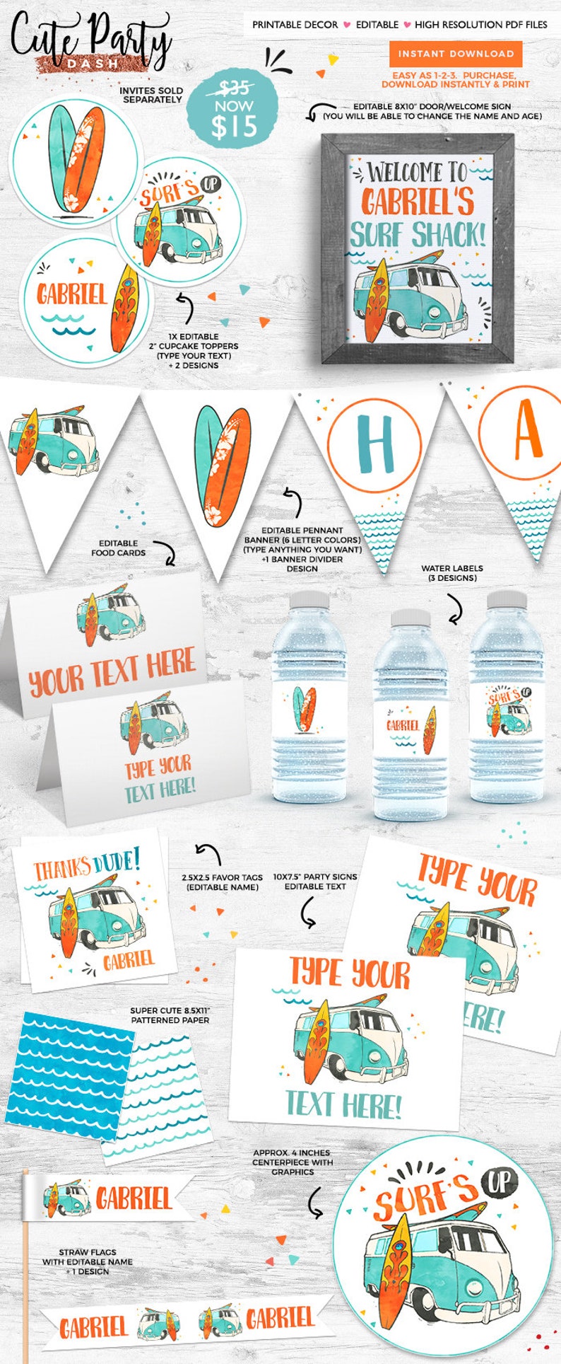 May include: A printable party decor set with a surf theme. The set includes a welcome sign, cupcake toppers, food cards, pennant banner, water bottle labels, favor tags, party signs, patterned paper, straw flags, and a centerpiece. The colors are blue, orange, and white. The text on the welcome sign says "Welcome to Gabriel's Surf Shack!"