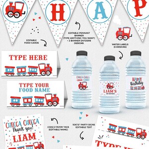 May include: Printable train-themed party decorations for a child's birthday. The set includes a welcome sign, pennant banner, food cards, favor tags, water bottle labels, party signs, and a t-shirt iron-on transfer. The colors are red, blue, and white with a train and polka dot pattern.