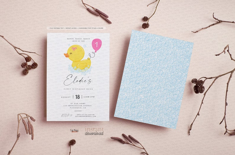 May include: A yellow rubber duck with a pink bow and a pink balloon is in a bathtub with blue bubbles. The text on the invitation reads "Quack, Quack, Quack Join us for Elodie's First Birthday Bash August 18 | 1:00AM-3:00PM At our home 111 Manchester Avenue,  Pinecrest, CA RSVP+ "