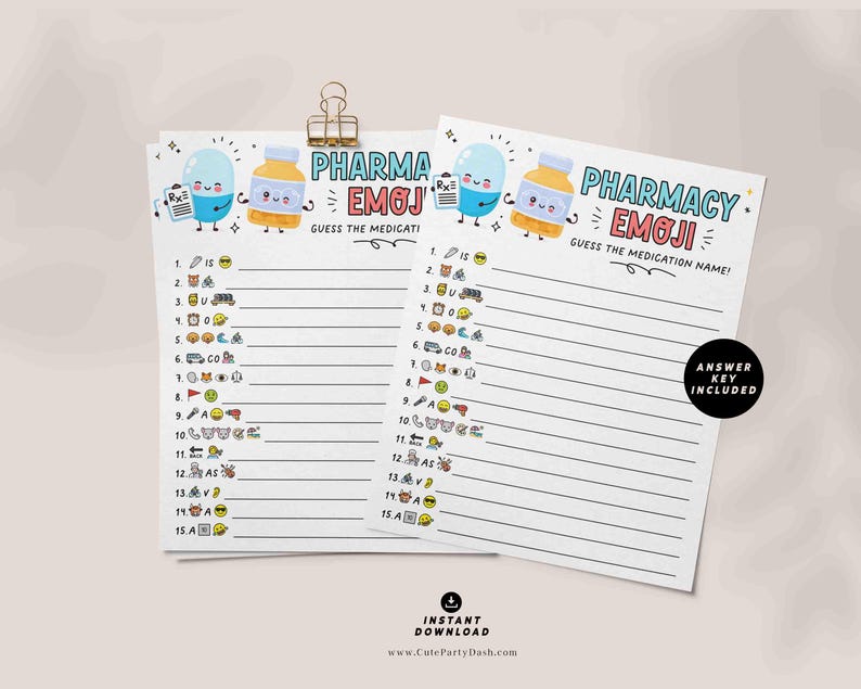 Puede incluir: Dos tarjetas de juego imprimibles con tem&aacute;tica de farmacia. Las tarjetas presentan un frasco de p&iacute;ldoras de dibujos animados y una c&aacute;psula de dibujos animados con el texto "Pharma Emoji" y "Pharmacy Emoji". Las tarjetas tienen una lista de emojis y l&iacute;neas en blanco para escribir los nombres de los medicamentos.