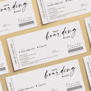 May include: A set of four printable boarding pass templates with a handwritten font. The text on the boarding pass says "Your boarding pass". The boarding pass has fields for "From", "To", "Passenger", "Destination", "Date", "Comments", and "Type Occasion Here".