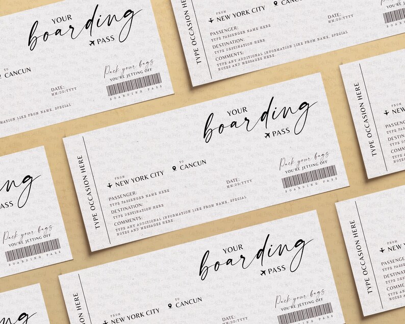 May include: A set of four printable boarding pass templates with a handwritten font. The text on the boarding pass says "Your boarding pass". The boarding pass has fields for "From", "To", "Passenger", "Destination", "Date", "Comments", and "Type Occasion Here".