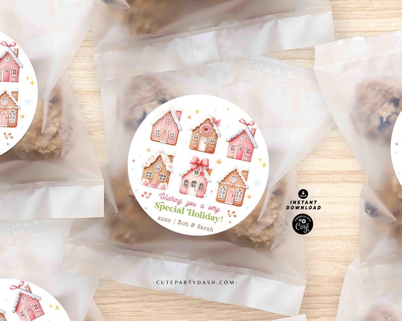 Pink Gingerbread House Gift Tag INSTANT DOWNLOAD Sweet Christmas Favor tag, 2"round Cookie Sticker Editable Merry Christmas Cookie Treat Tag