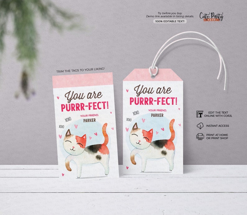Puede incluir: Dos etiquetas de regalo rosas con una ilustraci&oacute;n de acuarela de un gato. El texto en las etiquetas dice "You are purrr-fect!" con las palabras "Your friend, Parker" debajo del gato. Las etiquetas est&aacute;n recortadas con una cuerda blanca.