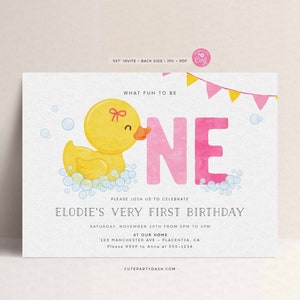 May include: A pink and yellow birthday invitation with a cartoon rubber ducky and the text "What fun to be one" and "Elodie's Very First Birthday". The invitation includes details for the party, including the date, time, and location.