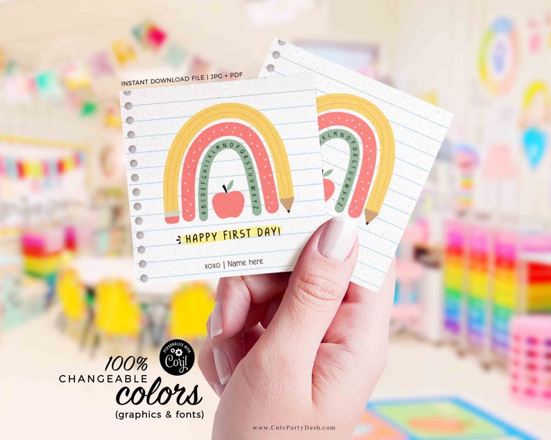 EDITABLE Happy First Day of School Gift Tag Printable Welcome Back To School treat Tag Rainbow Teacher 1st day of school INSTANT DOWNLOAD
