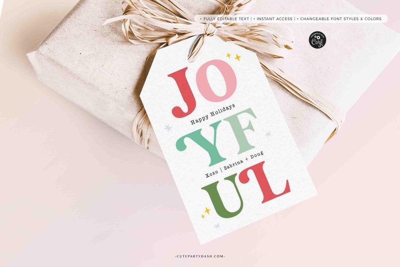 Joyful Christmas Gift Tag Printable INSTANT DOWNLOAD Happy Holidays Colorful Wine Bottle Label Sticker Modern Christmas Festive Favor Tag