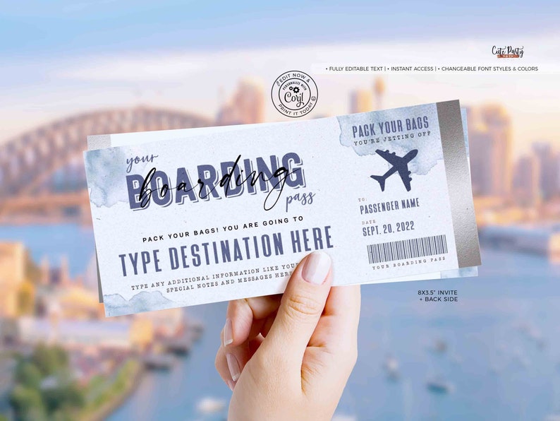 Peut inclure: Une invitation de carte d'embarquement imprimable avec un fond aquarelle. Le texte indique "votre carte d'embarquement" et "faites vos valises&nbsp;! vous allez &agrave; taper la destination ici". L'invitation comprend &eacute;galement un espace pour le nom du passager et la date.
