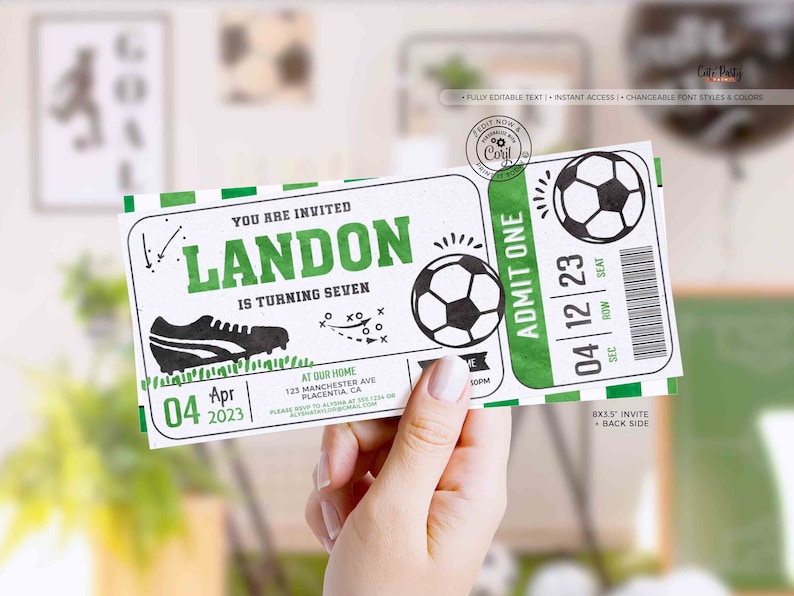 EDITABLE Soccer Birthday Party Ticket invitation, INSTANT DOWNLOAD, All Star Sport Birthday printable digital Ball corjl Invite