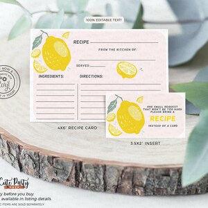 May include: A printable recipe card with a lemon theme. The card is pink with a white border and has a lemon illustration. The text on the card says "Recipe" and "One small request that won't be too hard, please bring a recipe instead of a card".